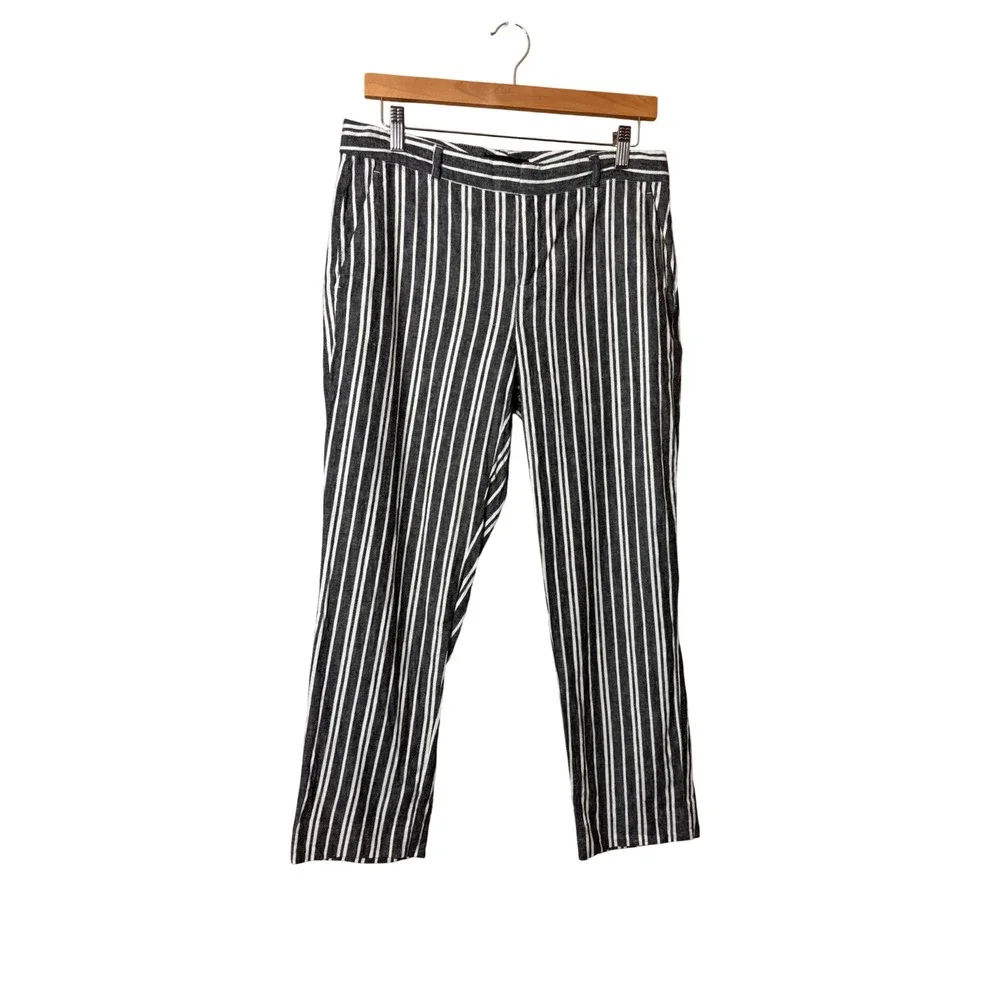 Banana Republic Womens Avery Pants 6 Gray White Striped Linen Blend Coastal